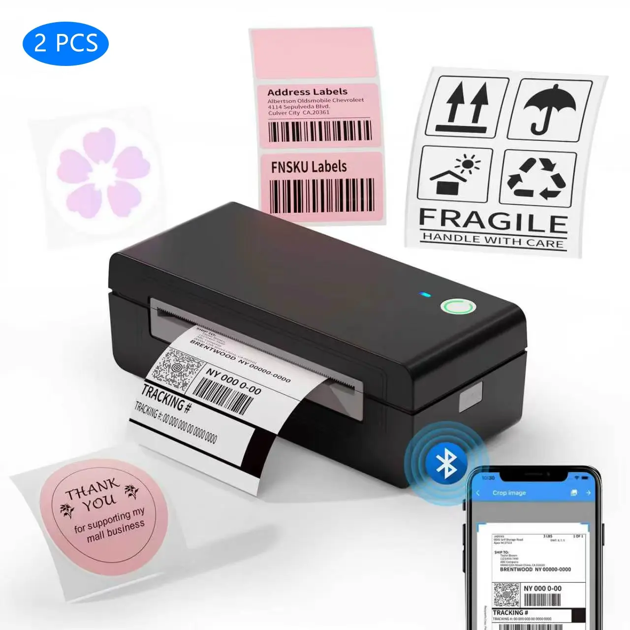 Bluetooth Thermal Shipping Label Printer 2-Pack in black