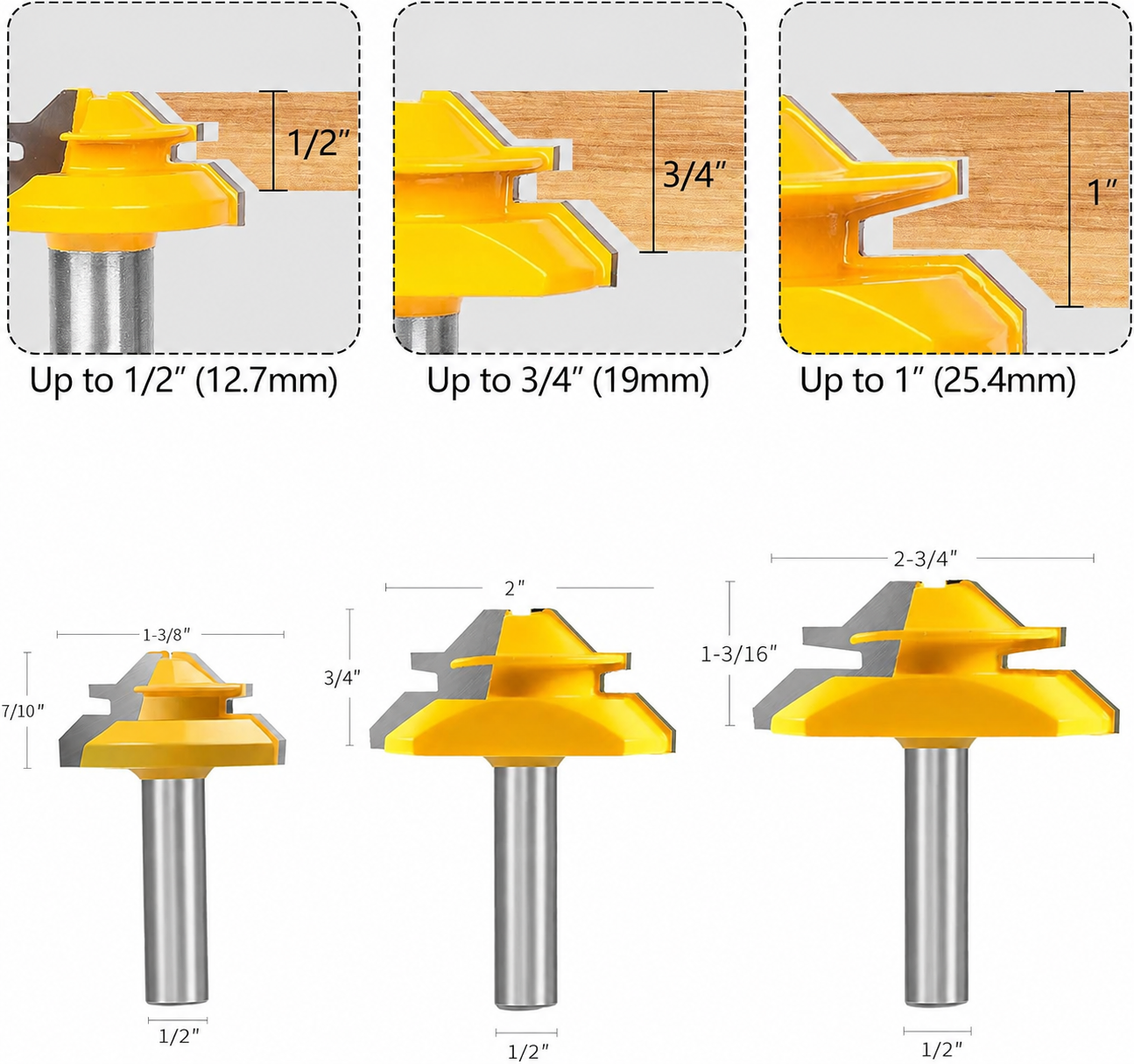 Three lock miter router bit sizes for one-half three-quarter and one inch stock
