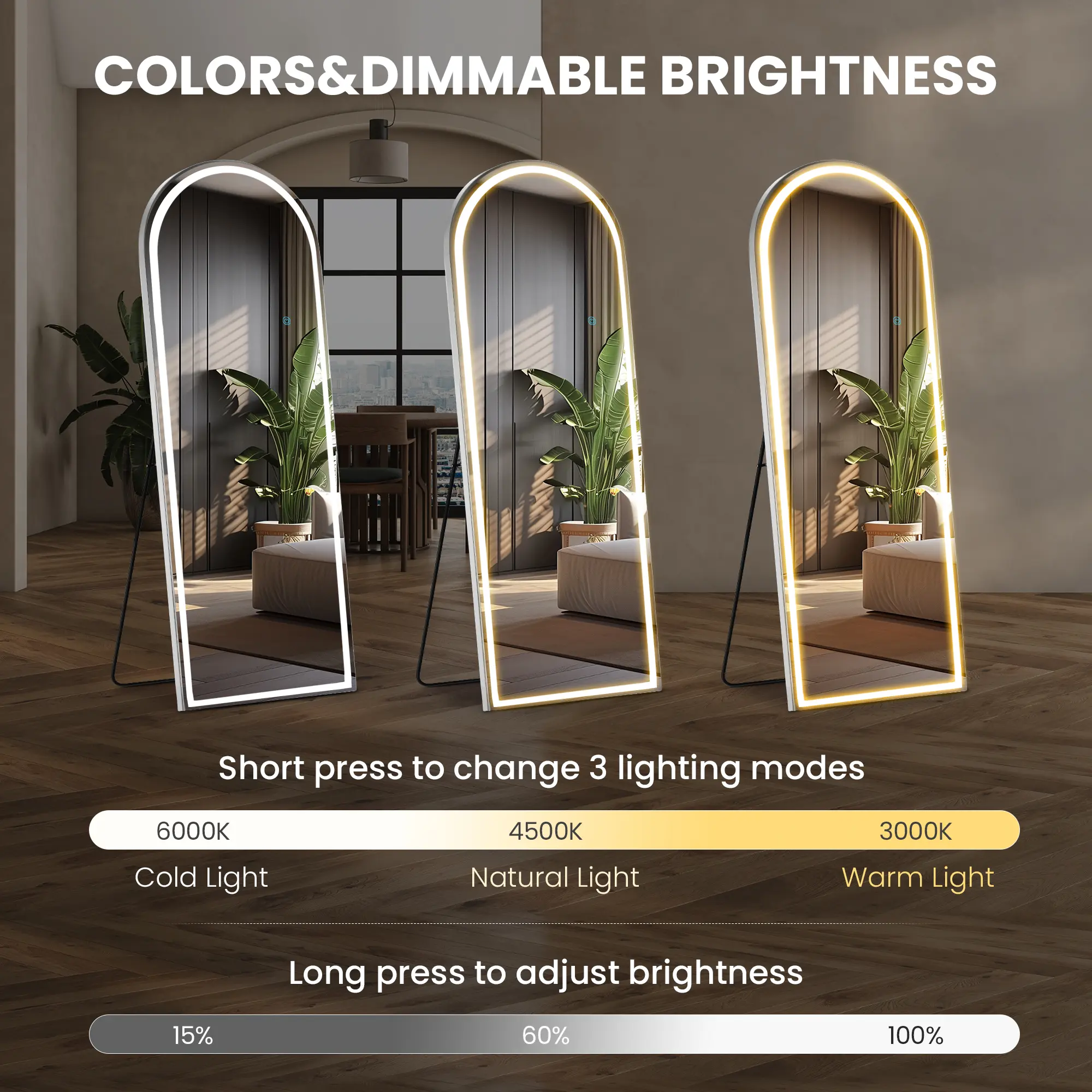 Dimmable 3-Color LED Full-Length Floor Mirror product image 3