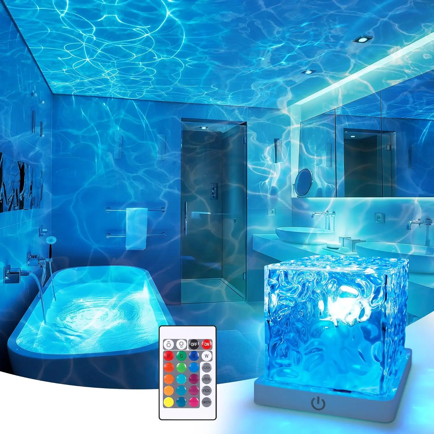 Rechargeable ocean-wave projector light with remote in a bathroom