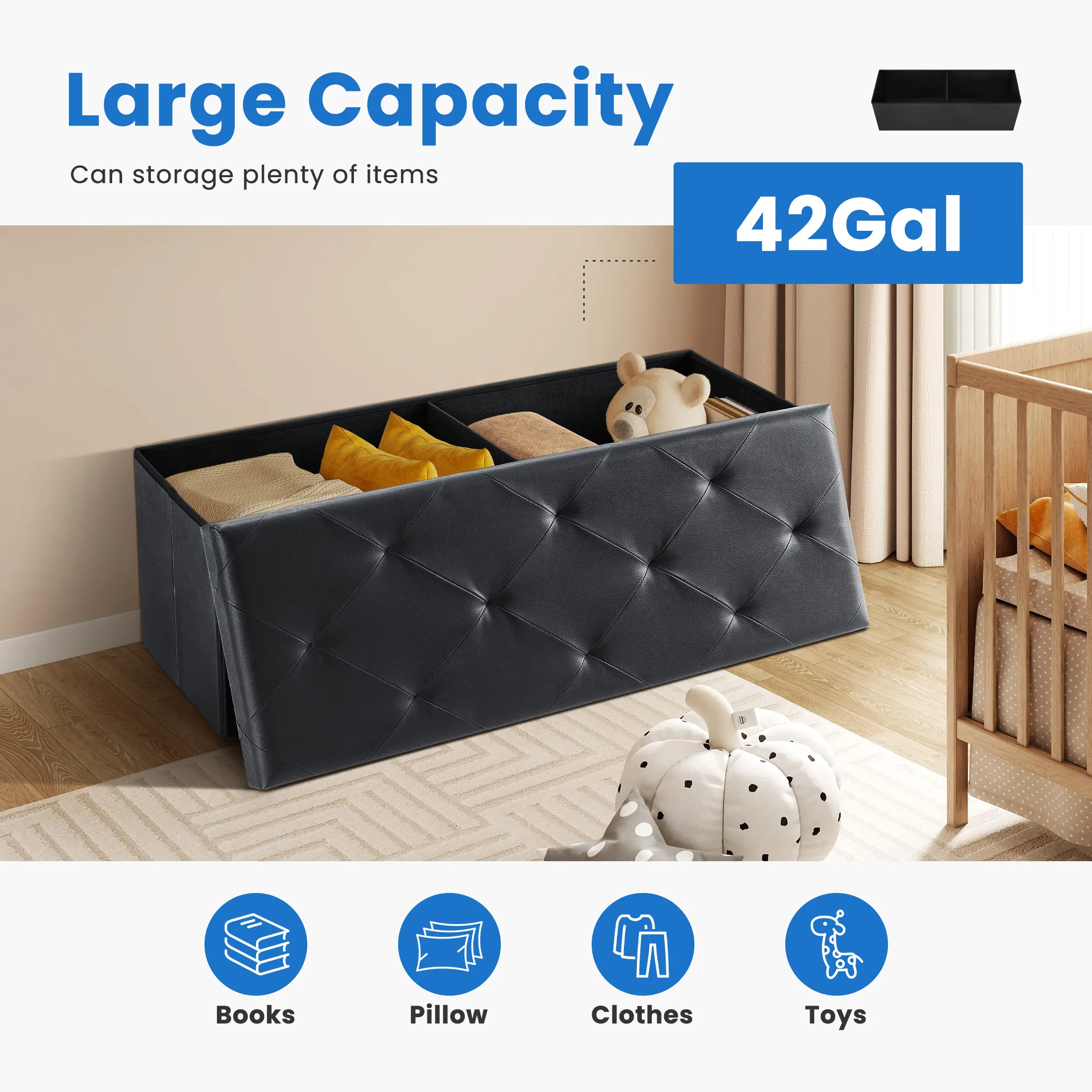 43-Inch Folding Storage Ottoman Bench with Padded Seat product image 5