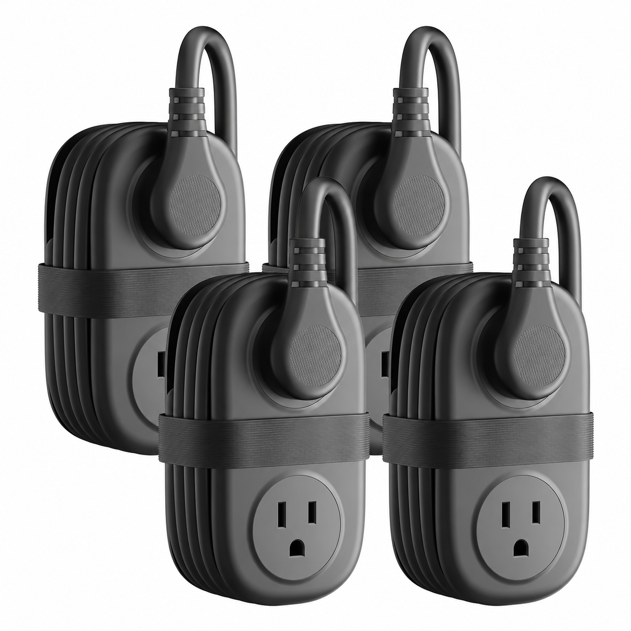 Black four-pack compact travel power strips with all body logos removed