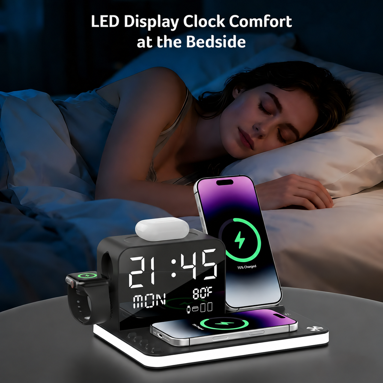 Wireless charging station used as a bedside clock