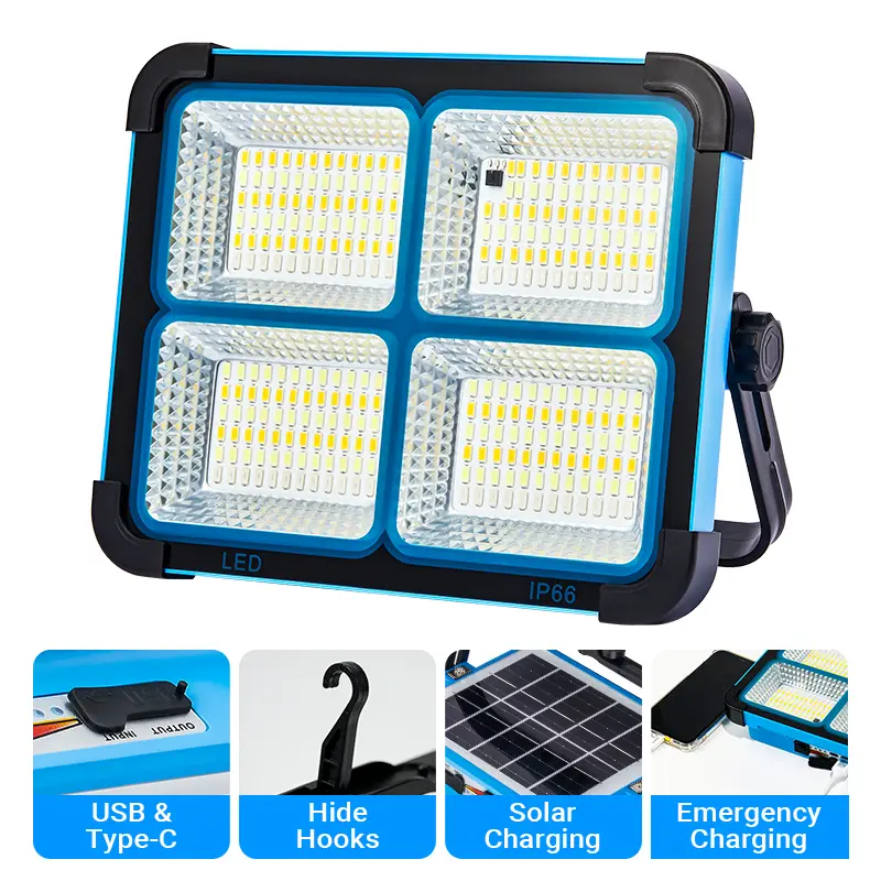 Solar Rechargeable LED Work Light with Adjustable Stand charging, hook, and solar features