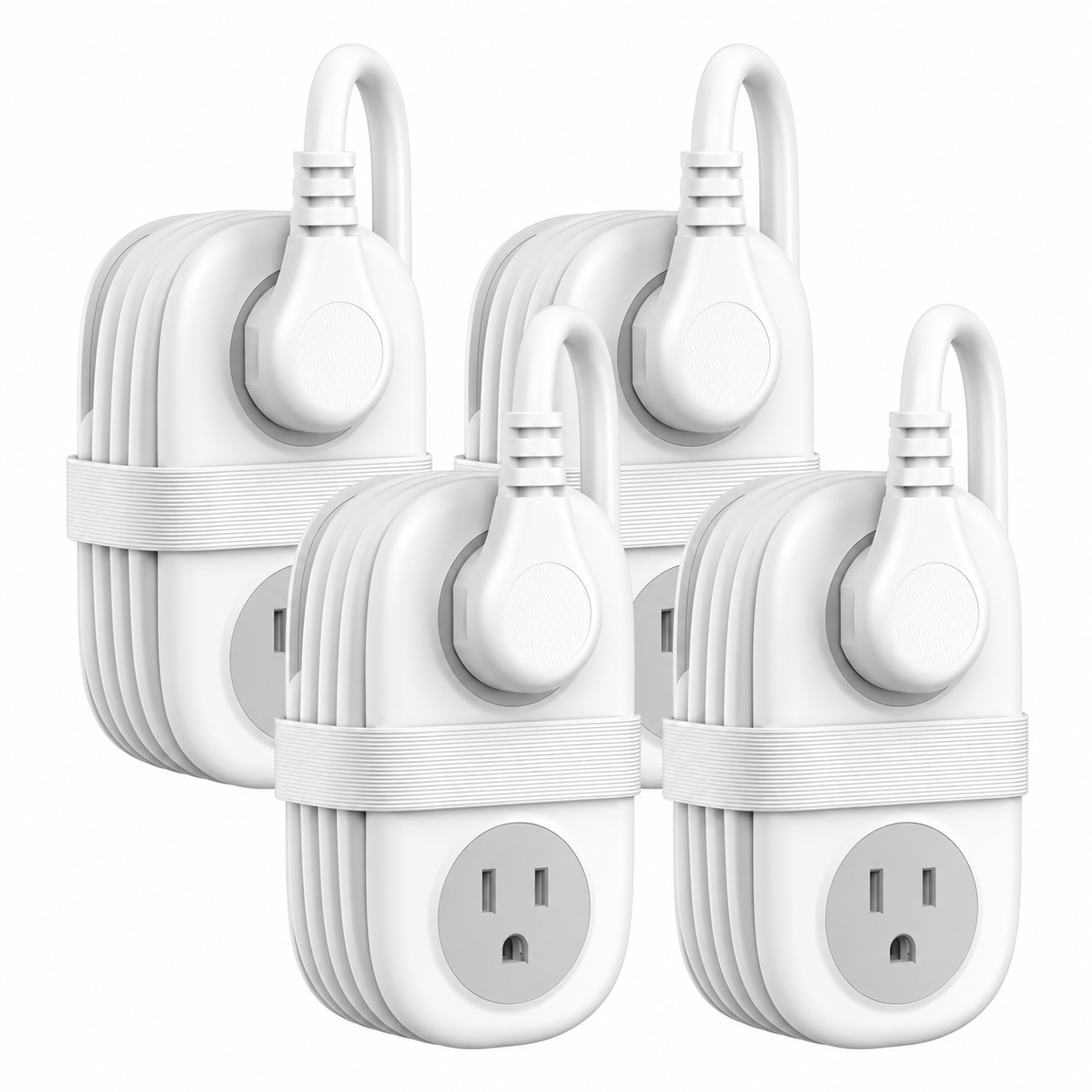 White four-pack compact travel power strips with all body logos removed