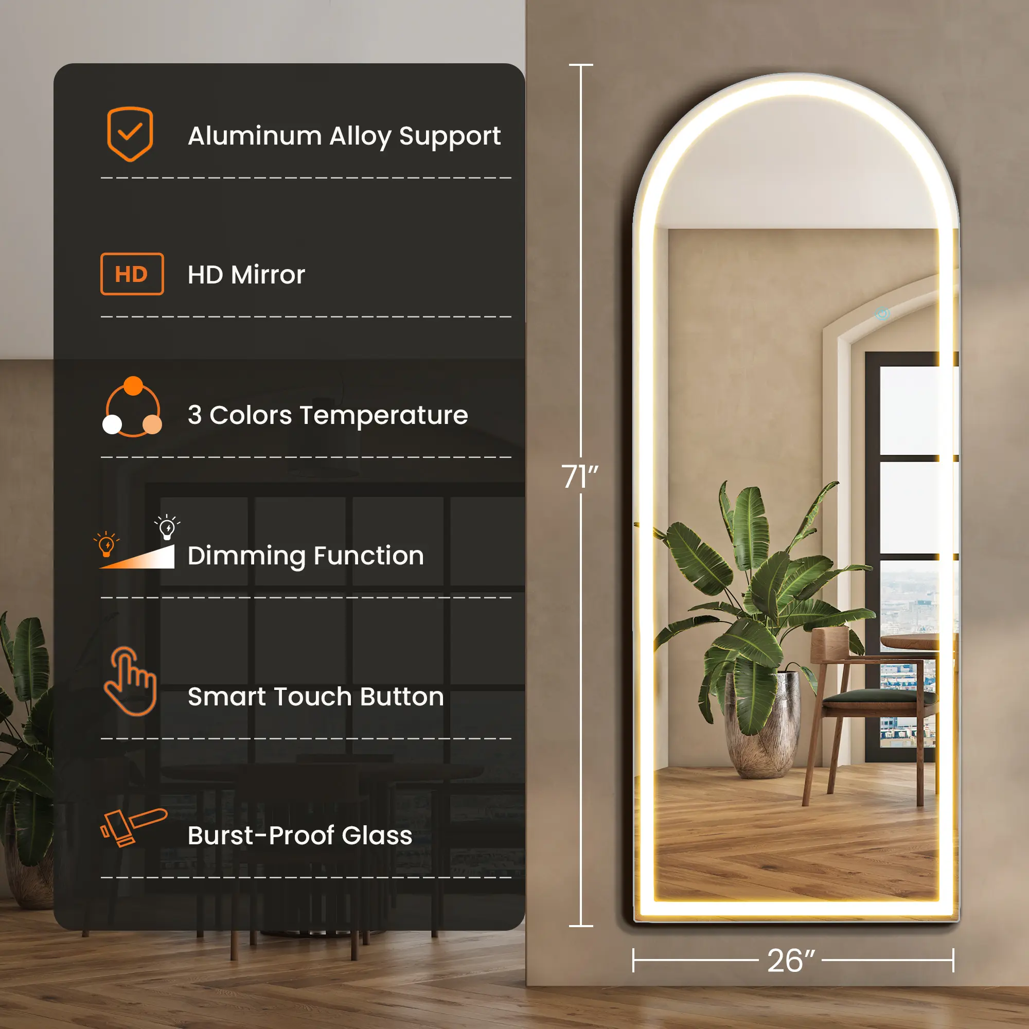 Dimmable 3-Color LED Full-Length Floor Mirror product image 2