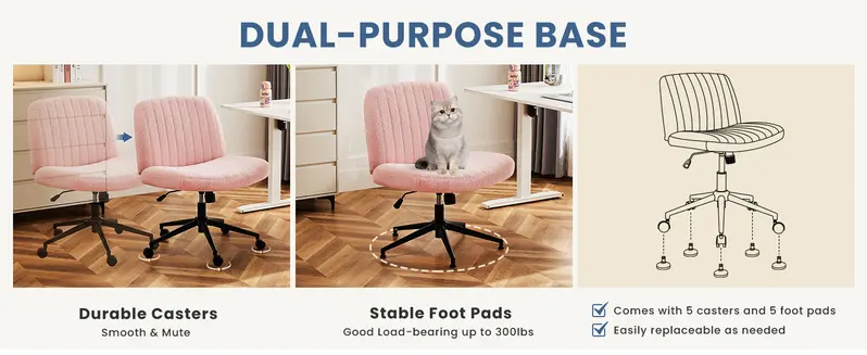 Wide Armless Cross-Legged Office Chair with Wheels feature 2