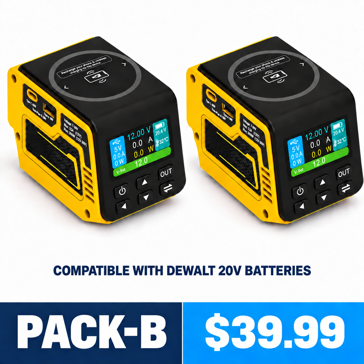 PACK-B two-piece yellow adjustable DC voltage regulator bundle compatible with DeWalt 20V batteries - $39.99