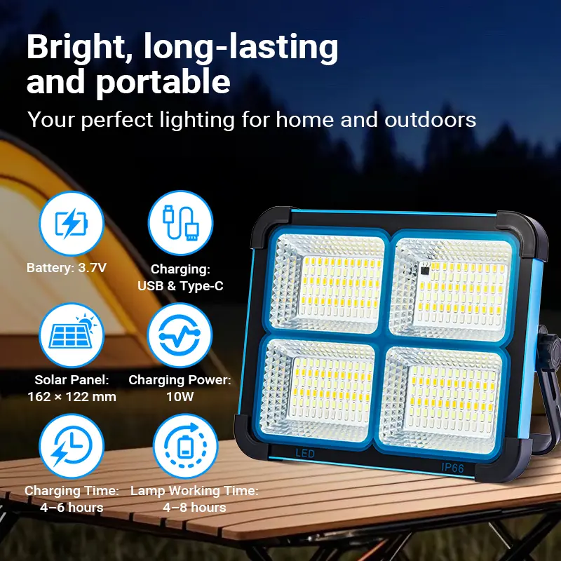 Solar Rechargeable LED Work Light with Adjustable Stand supplier-listed charging specifications
