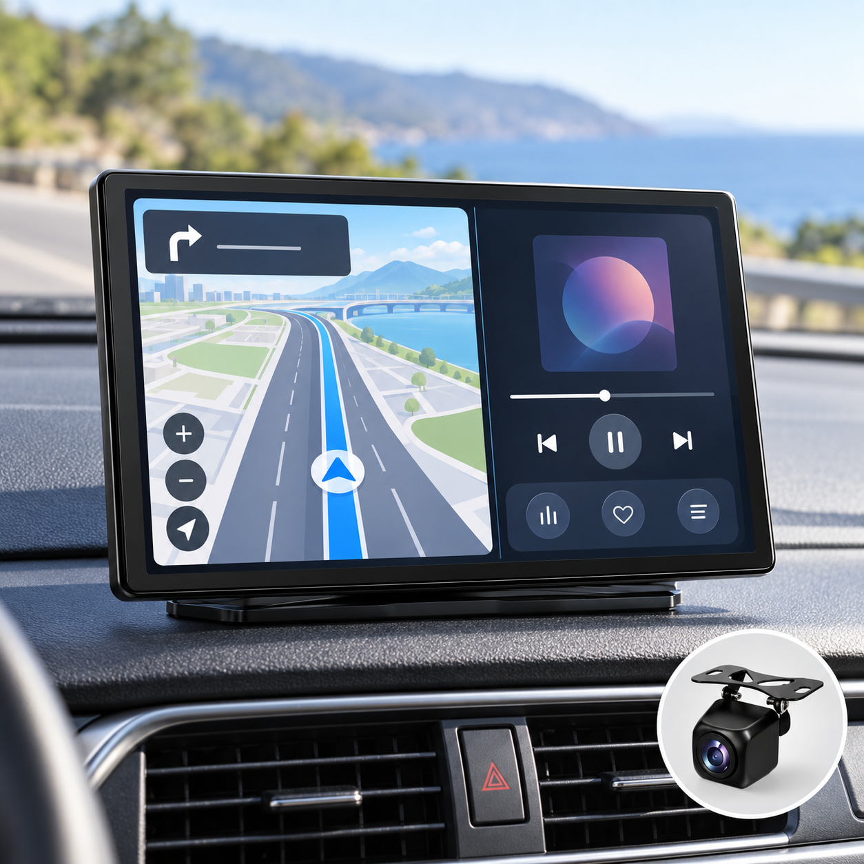 9-Inch Wireless Smartphone Car Display with Backup Camera installed on a vehicle dashboard