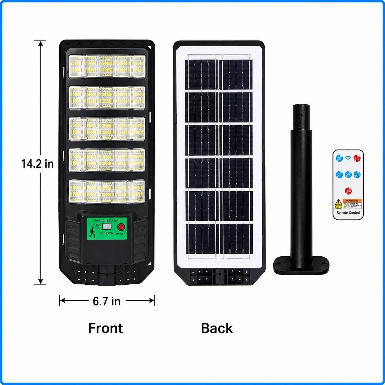 Solar Street Light with Motion Sensor and Remote Control - front, back, bracket and remote