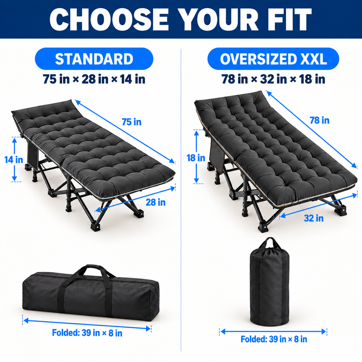 Portable Folding Camping Cot with Reversible Mattress and Carry Bag standard and oversized XXL size guide