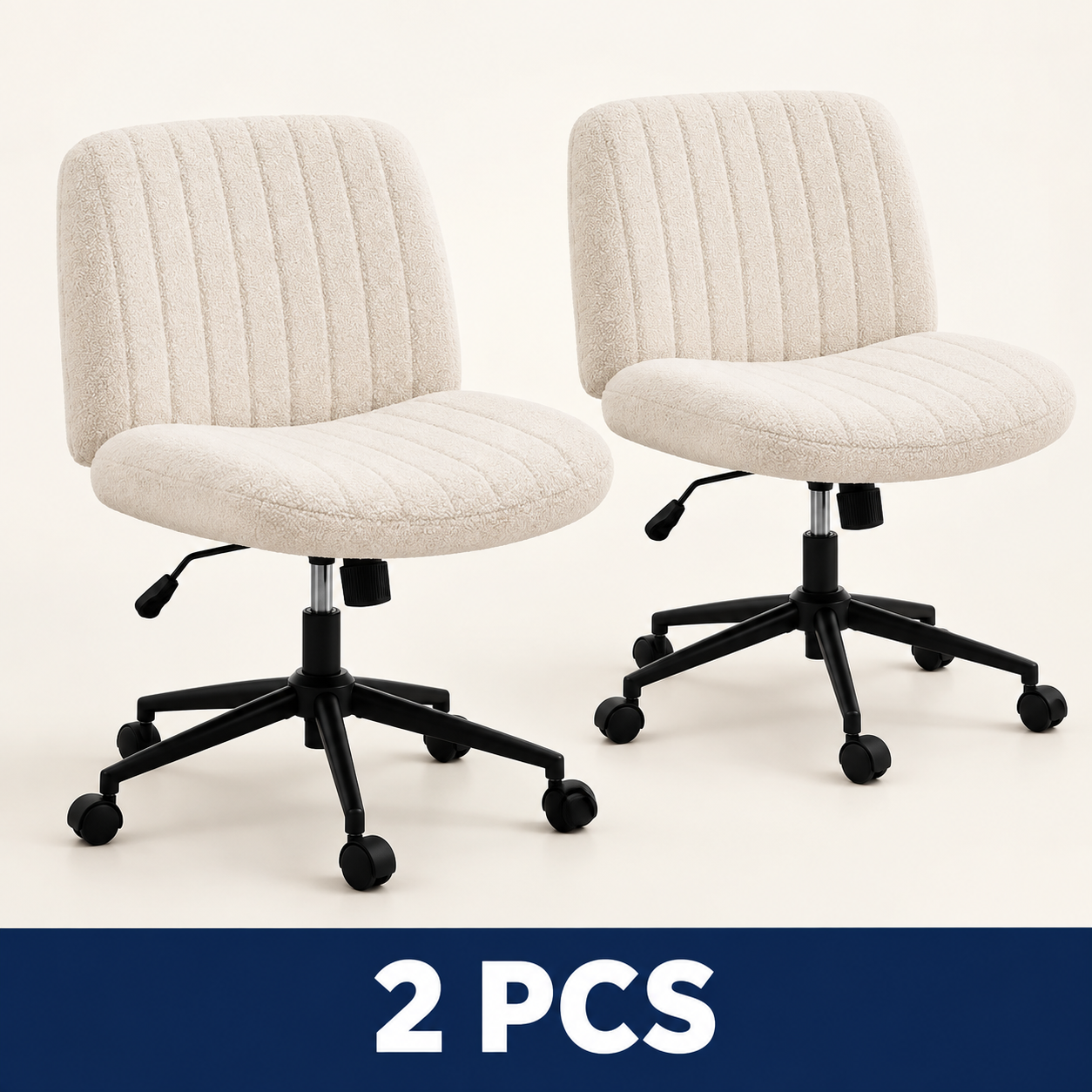 Wide Armless Cross-Legged Office Chair with Wheels - Beige - Teddy Fleece - 2 PCS