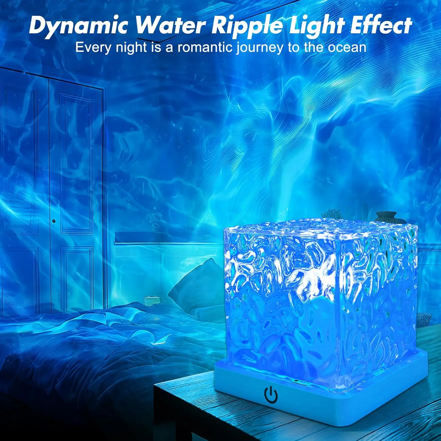 Dynamic water-ripple light effect in a bedroom