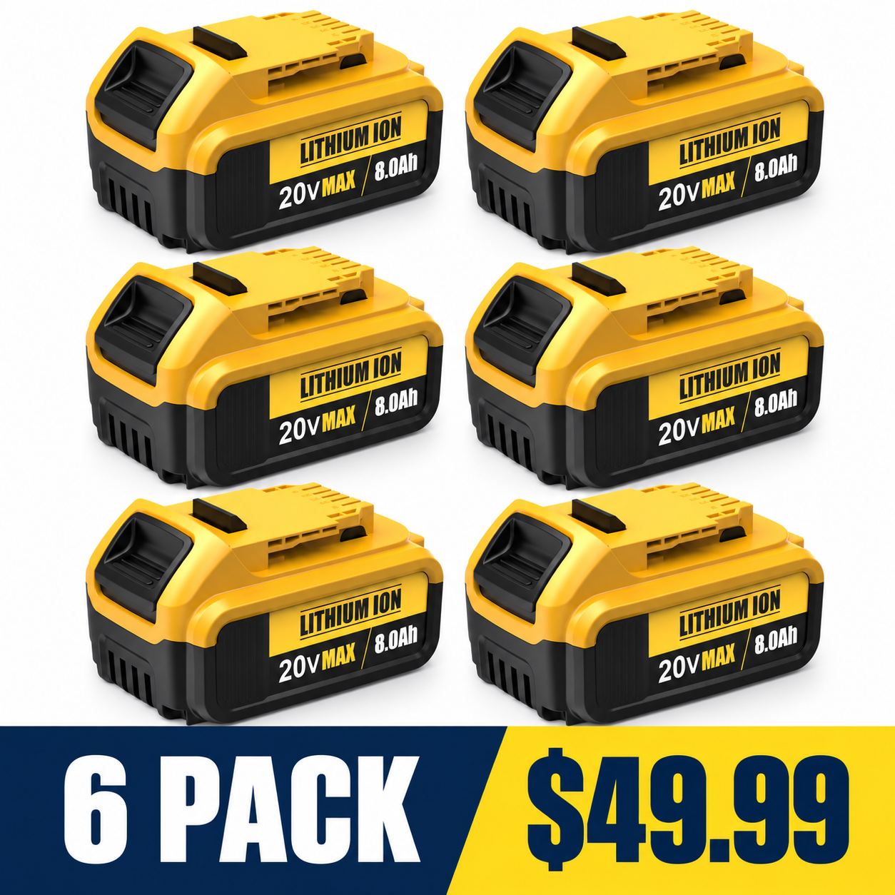 20V 8.0Ah Lithium-Ion Replacement Battery for Select DeWalt Tools - 6 Pack - $49.99