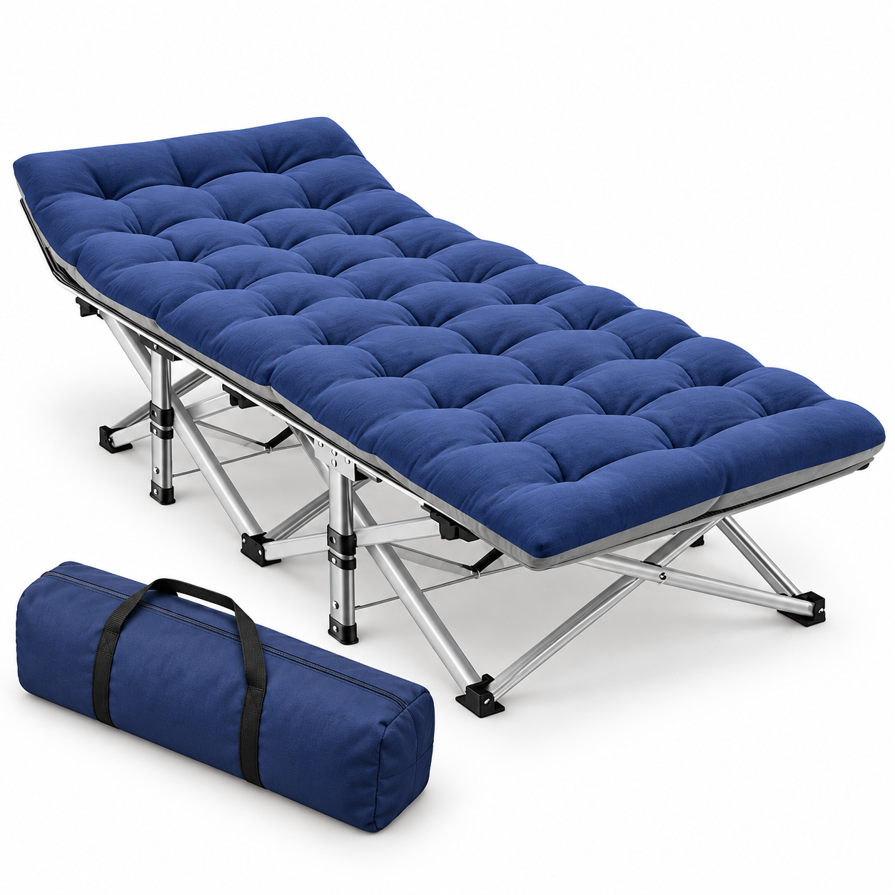 Portable Folding Camping Cot with Reversible Mattress and Carry Bag in standard blue