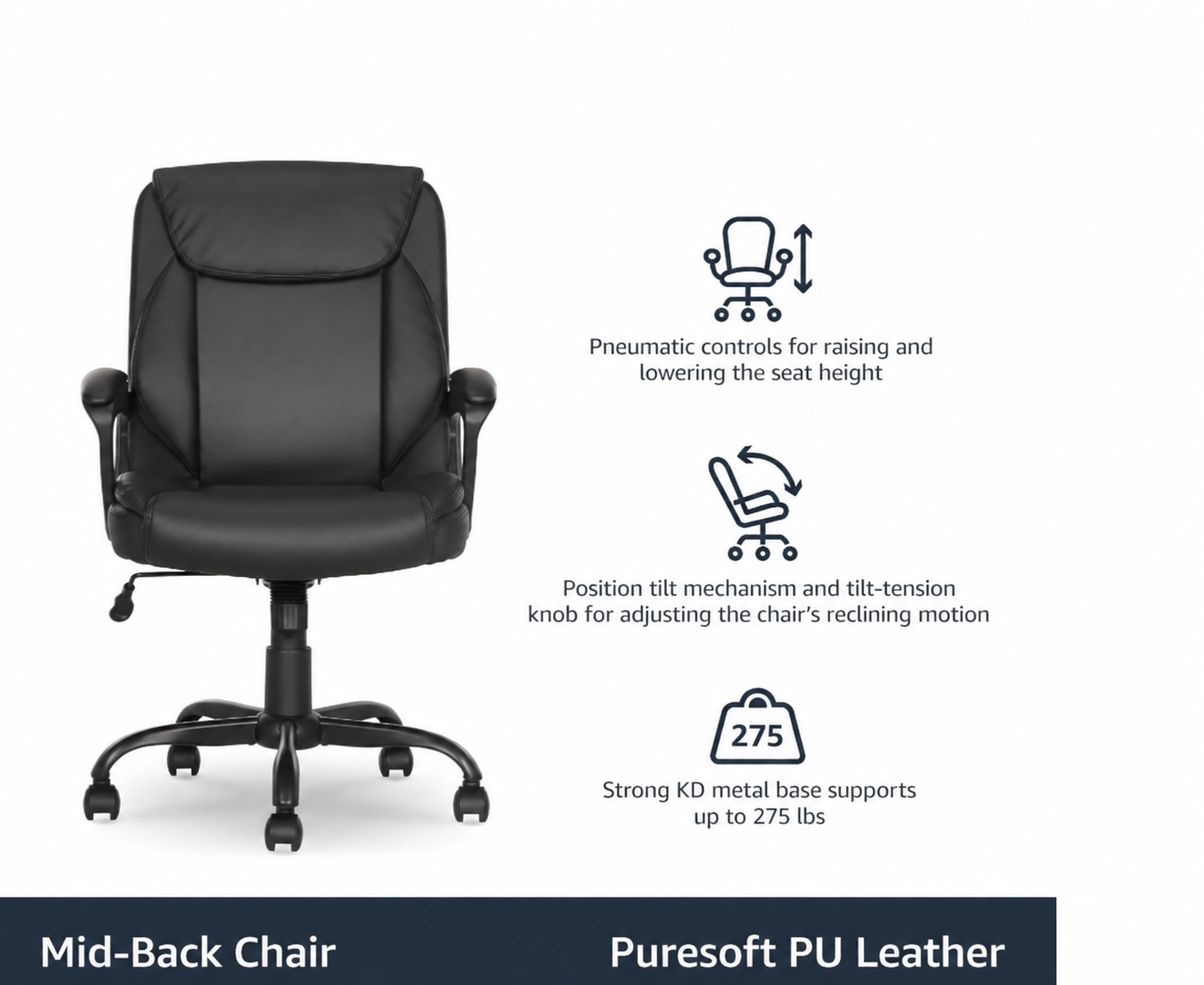 Padded mid-back office chair height adjustment, tilt tension, and 275 lb listed capacity