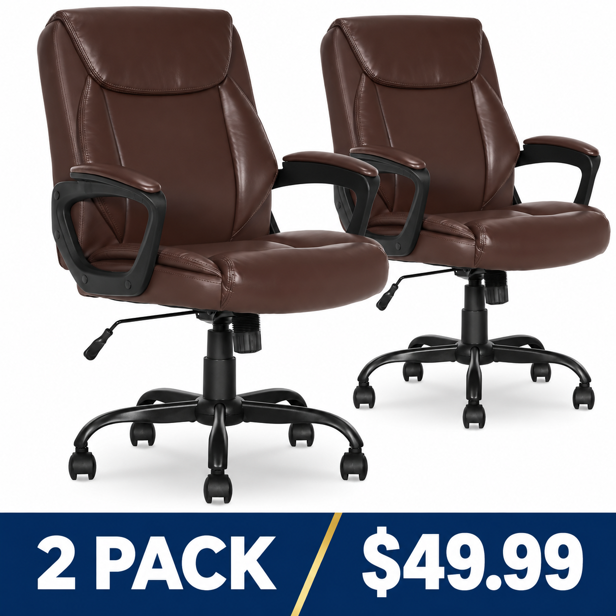 Classic Padded Mid-Back Adjustable Office Chair - Brown - 2 Pack - $49.99