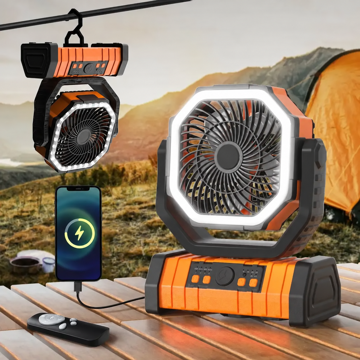 20000mAh Rechargeable Camping Fan with LED Light & Oscillation - Orange original product view - logo free