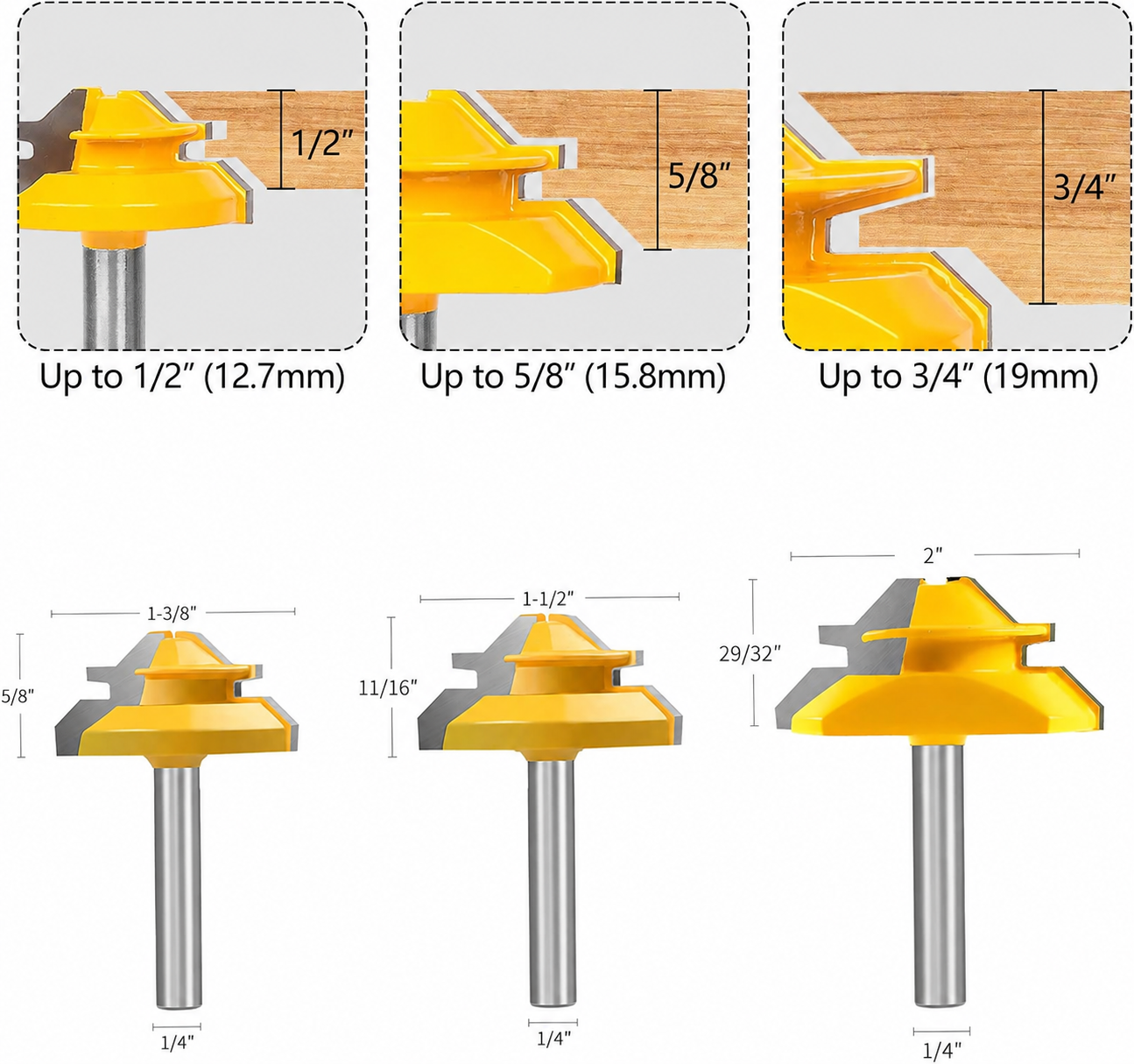 Three lock miter router bit sizes for one-half five-eighths and three-quarter inch stock