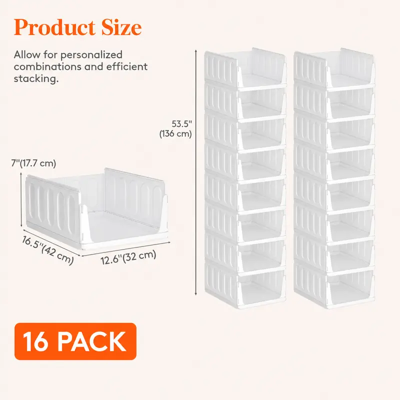 Stackable Closet Organizer Bins – Space-Saving Multipurpose Storage Set - 16 Pack