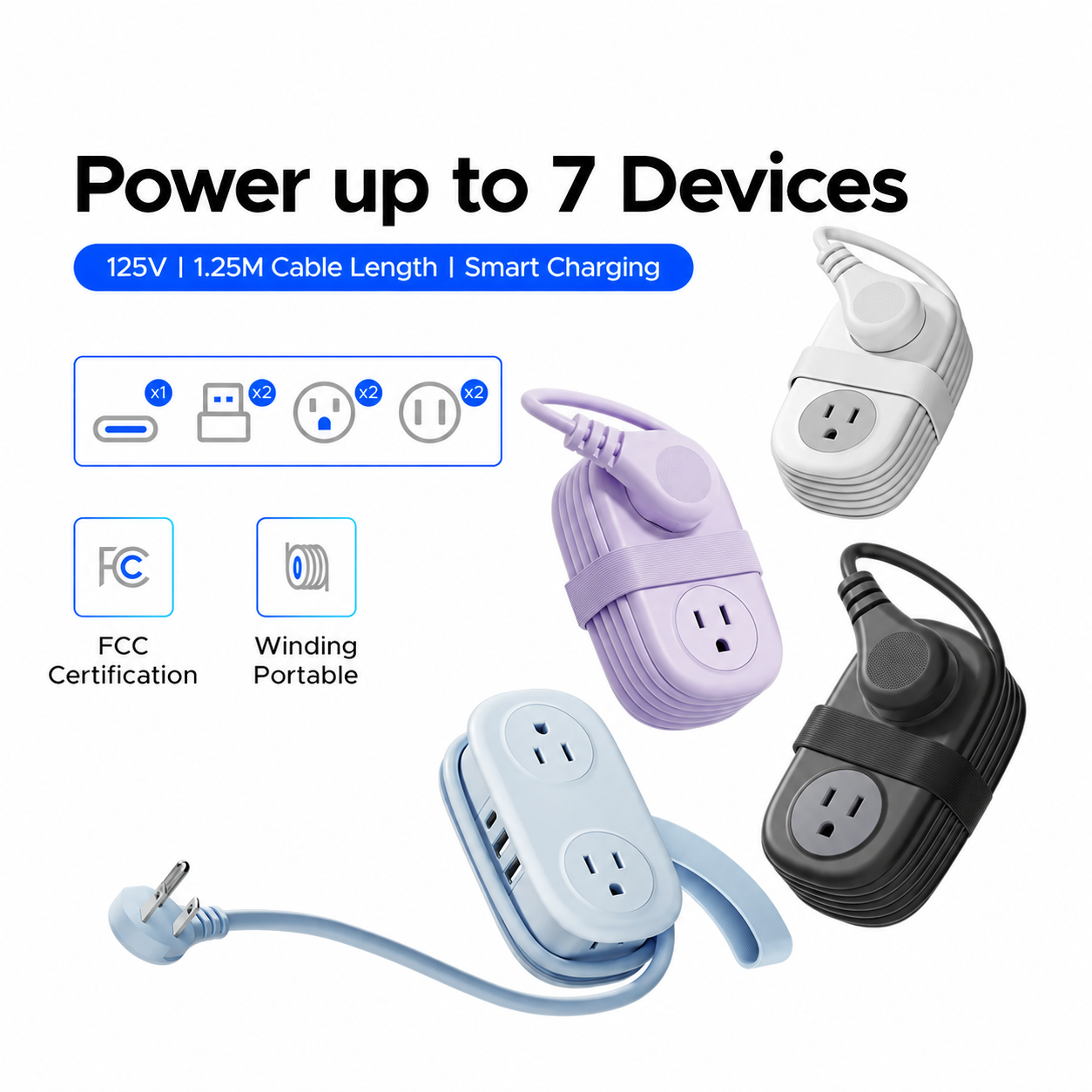 Four-pack compact travel power strips in assorted colors