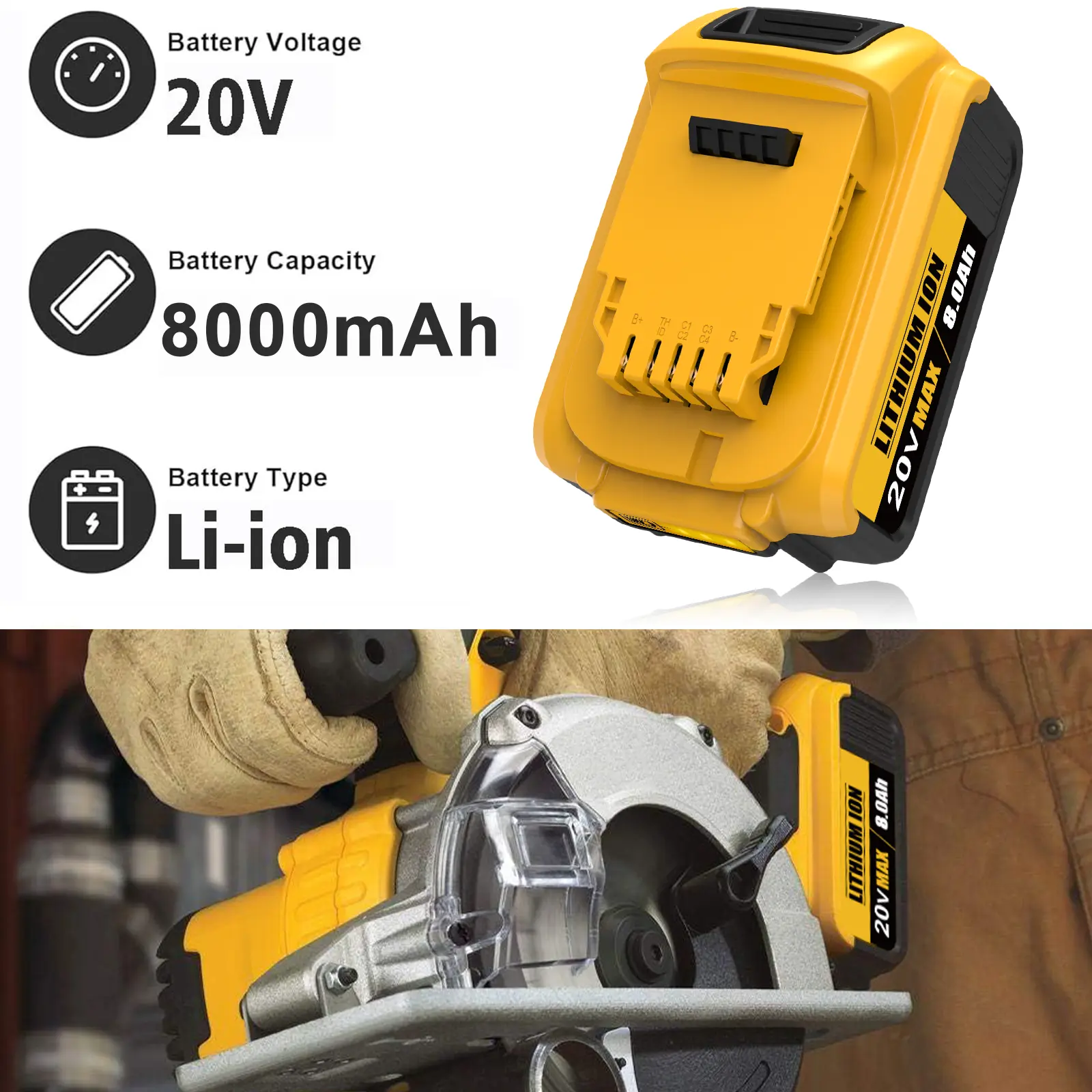 20V 8.0Ah Lithium-Ion Replacement Battery for Select DeWalt Tools listed specifications