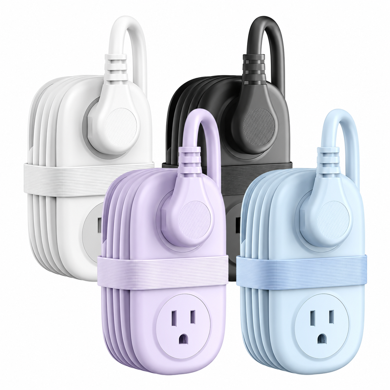 Assorted four-pack compact travel power strips with all body logos removed