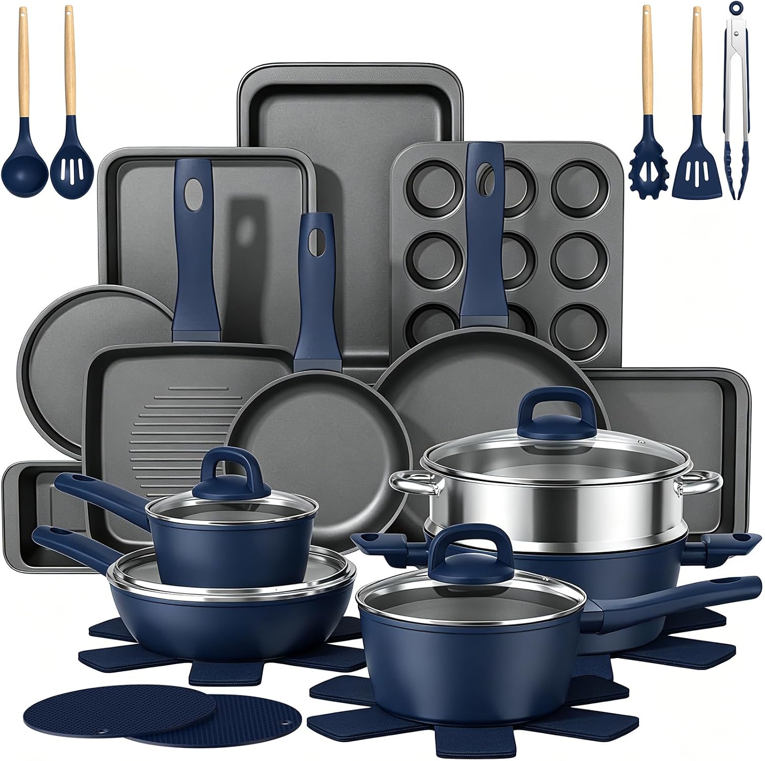 31-Piece Nonstick Cookware and Bakeware Set - Navy Blue