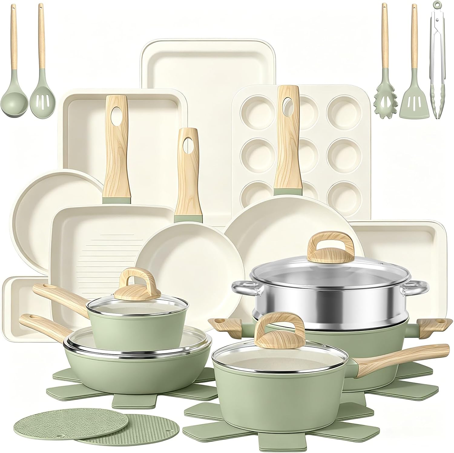 31-Piece Nonstick Cookware and Bakeware Set - Sage Green