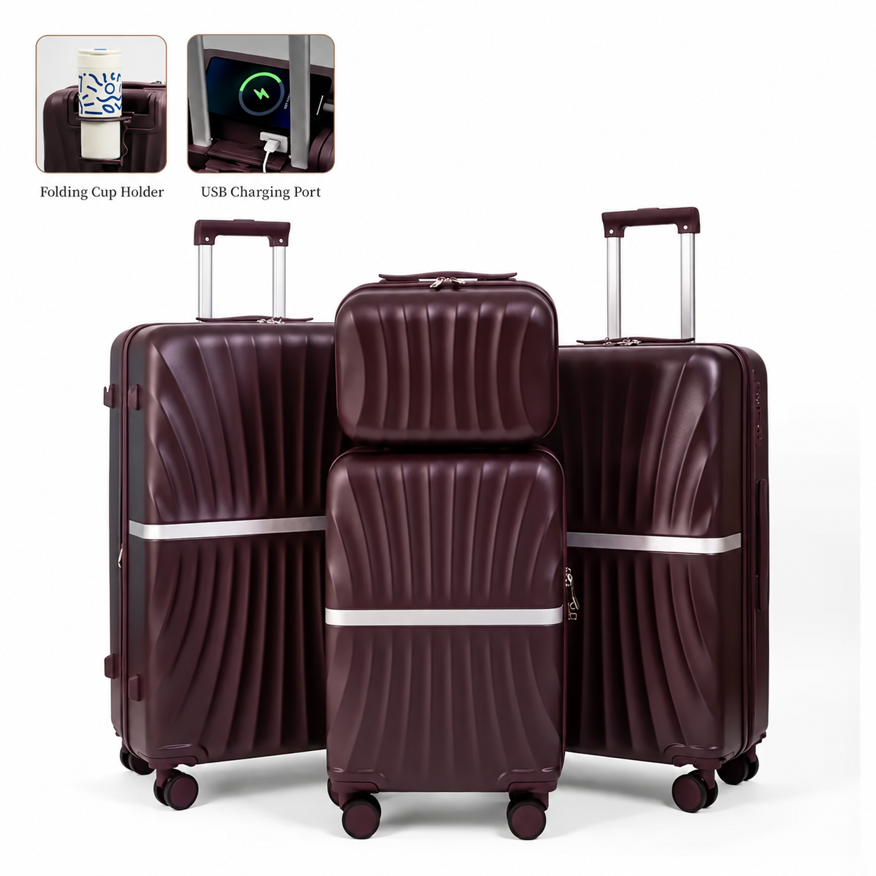 Dark purple four-piece luggage set with folding cup holder and USB charging port
