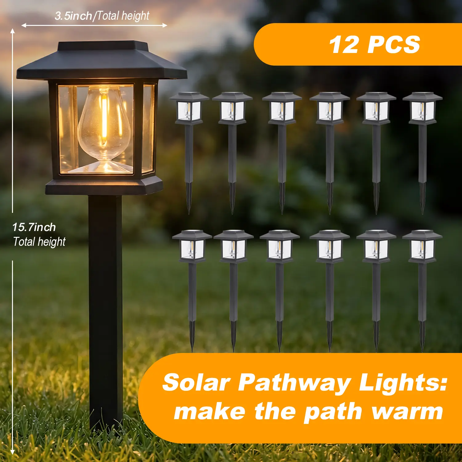 Solar Pathway Lights with Warm White LED, 6 or 12 Pack - Black