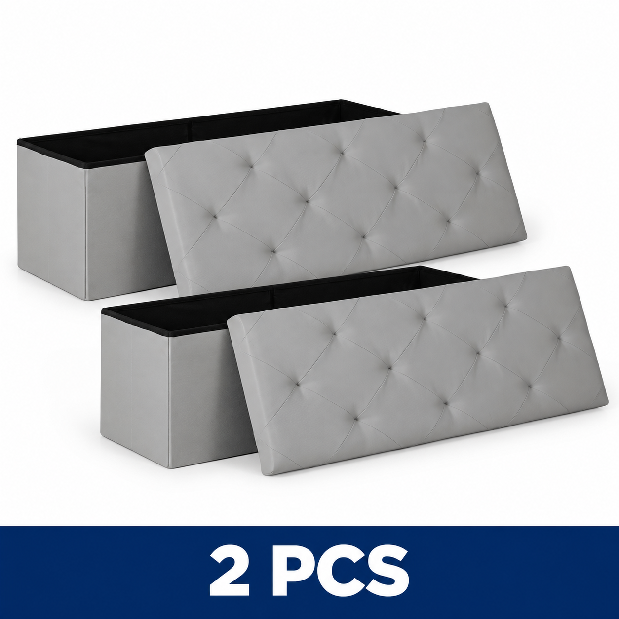 43-Inch Folding Storage Ottoman Bench with Padded Seat - 43IN Grey Leather – 2-Piece Set