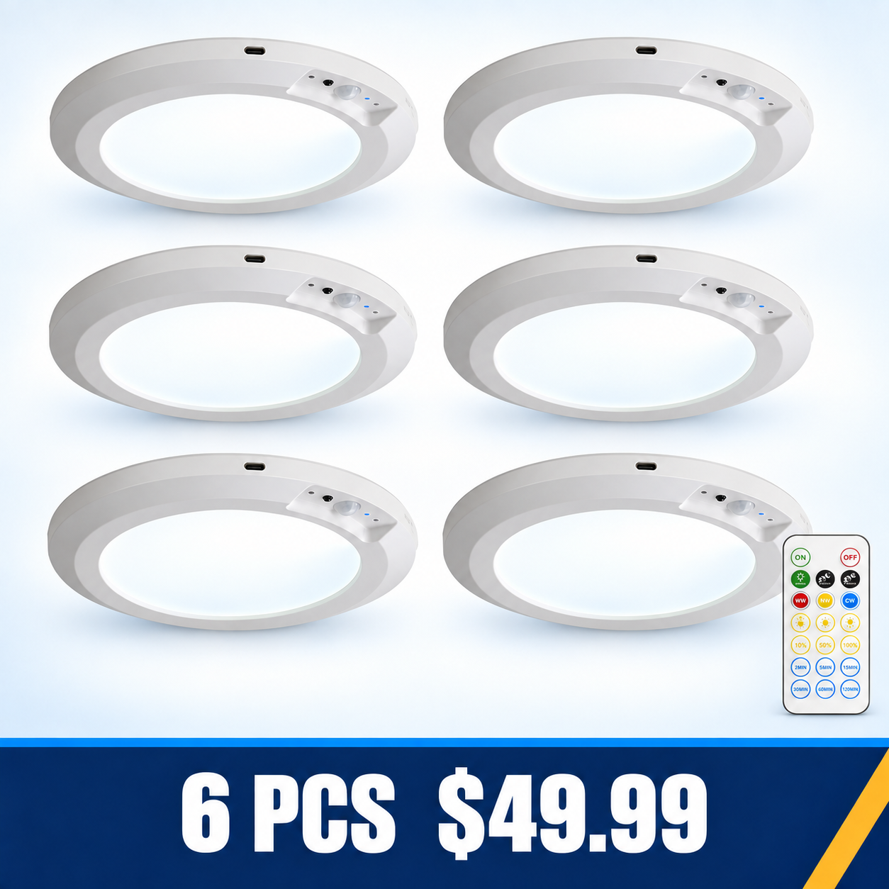 Rechargeable Motion Sensor Ceiling Light with Remote - 6 PCS - $49.99