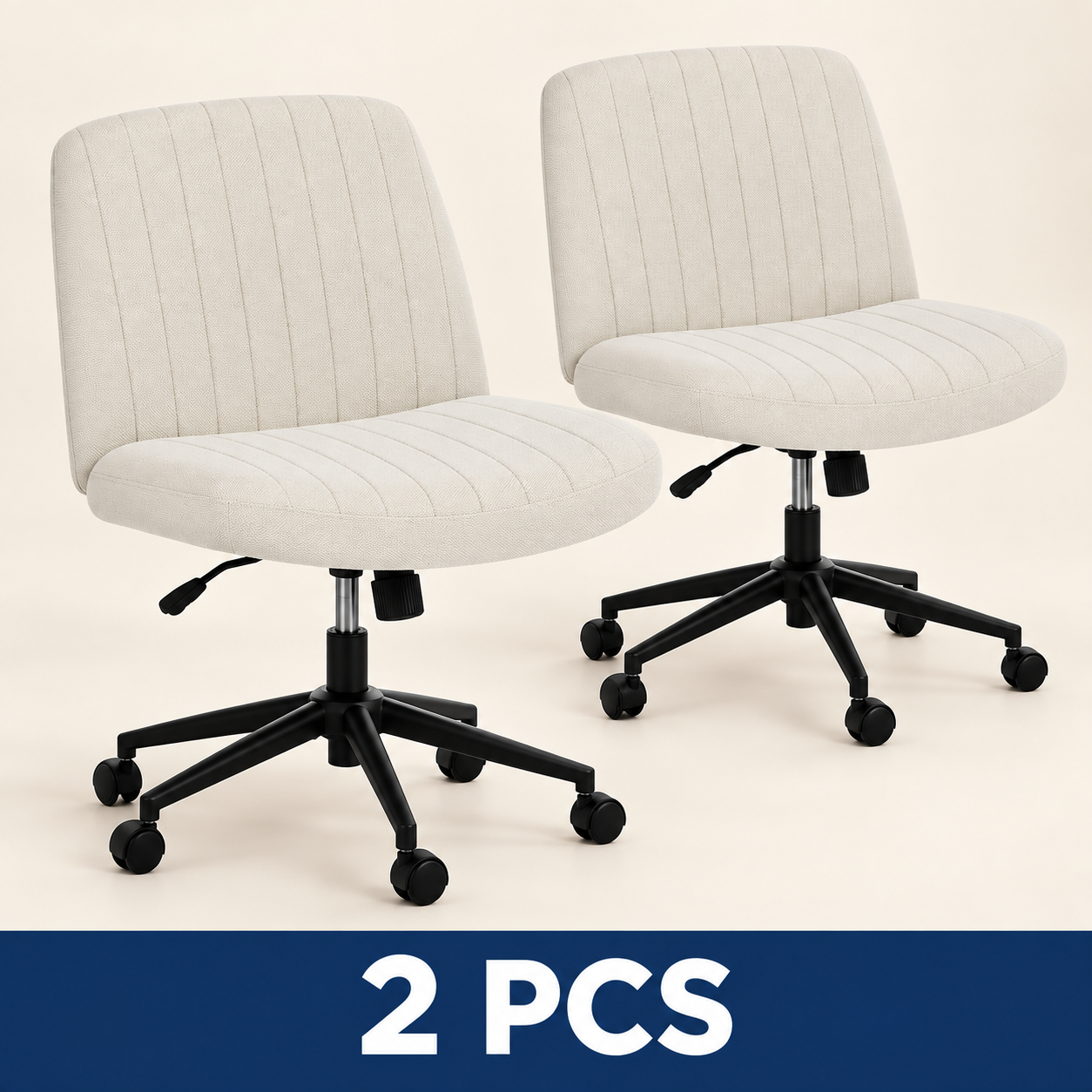 Wide Armless Cross-Legged Office Chair with Wheels - Beige - Fabric - 2 PCS