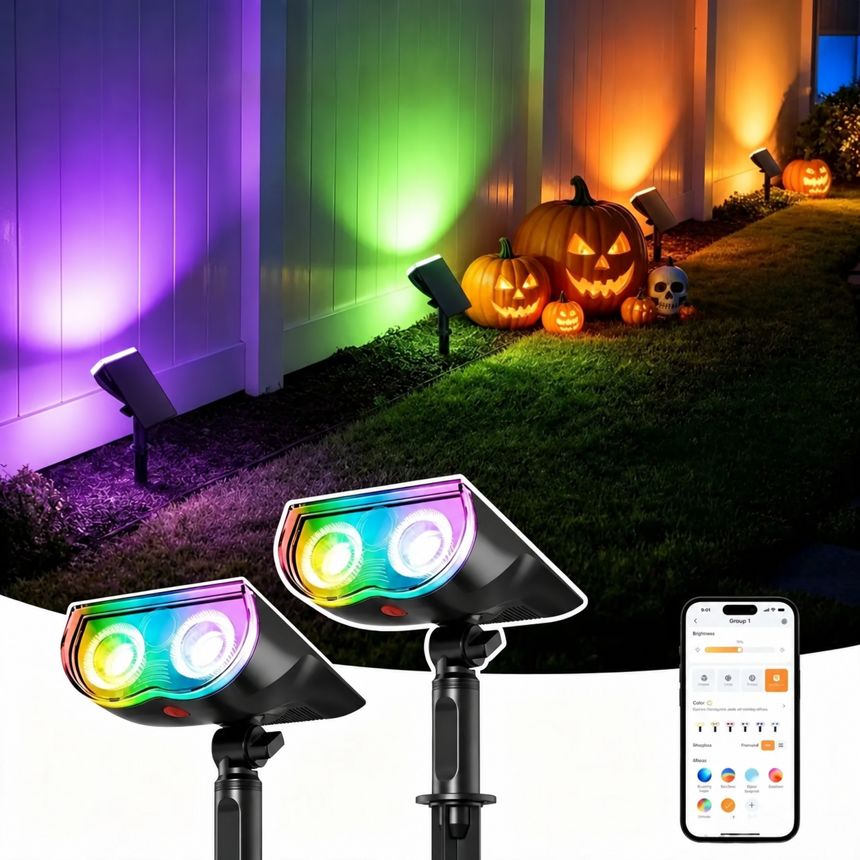 RGB solar spotlights illuminating Halloween yard decorations