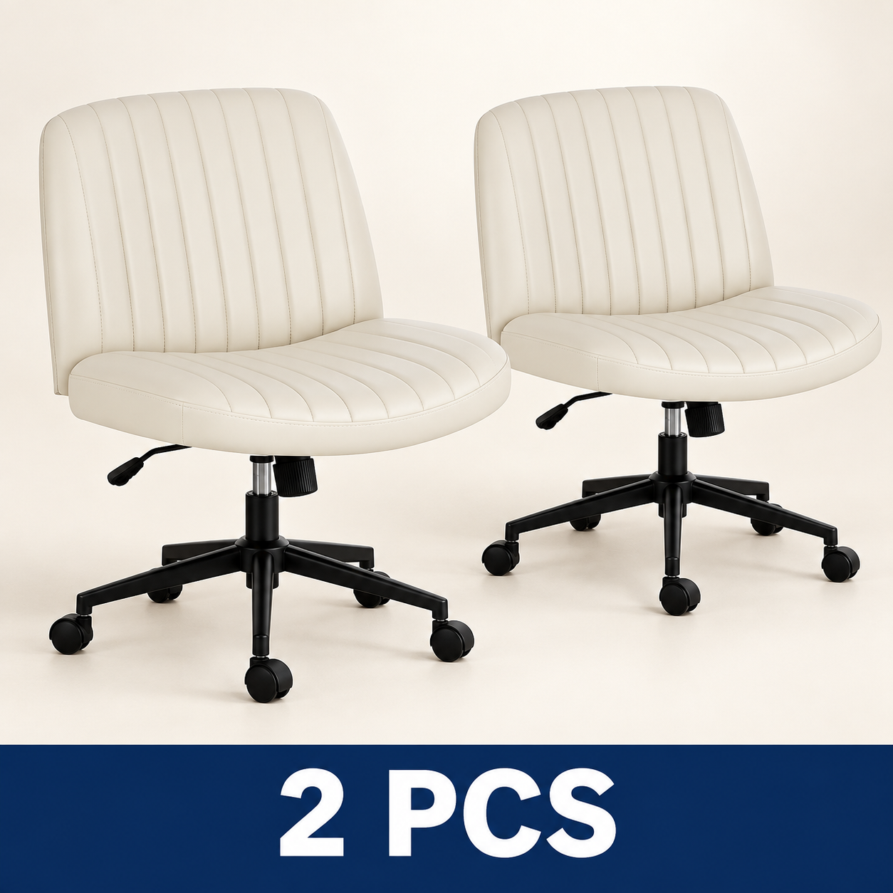 Wide Armless Cross-Legged Office Chair with Wheels - Beige - Leather - 2 PCS