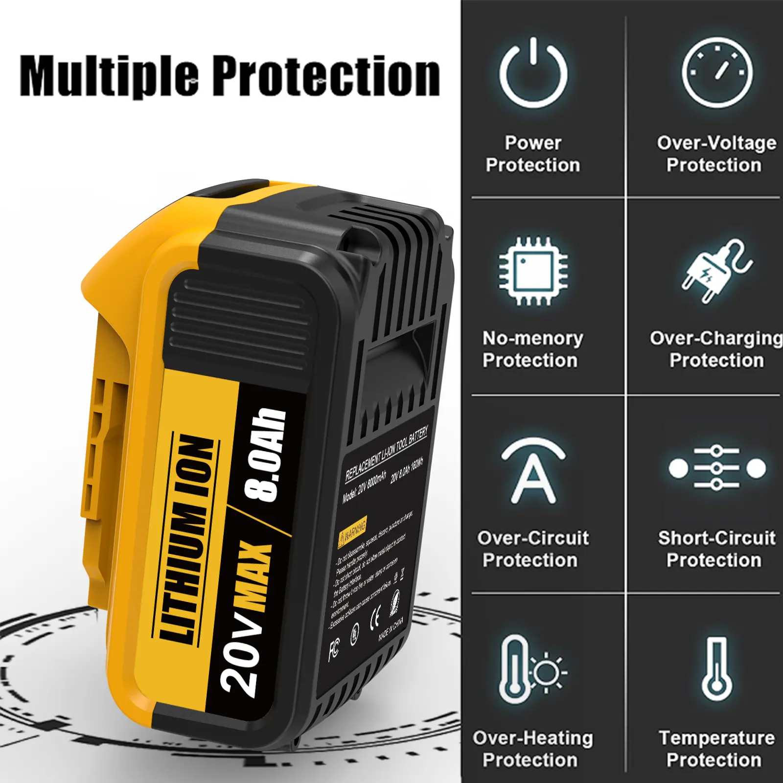 20V 8.0Ah Lithium-Ion Replacement Battery for Select DeWalt Tools protection features