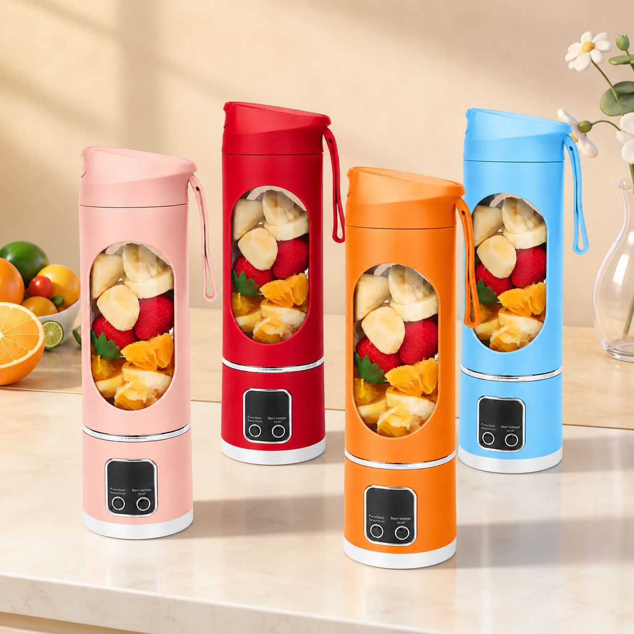 Portable USB Rechargeable Blender with Digital Display - 4-Pack B - Pink, Red, Orange, Sky Blue