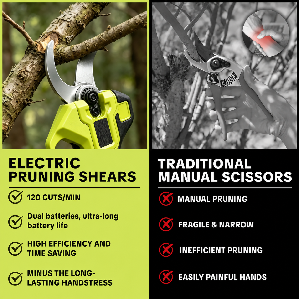 Cordless Electric Pruning Shears with Dual Batteries, 1.25-Inch Cutting Capacity electric and manual pruning comparison