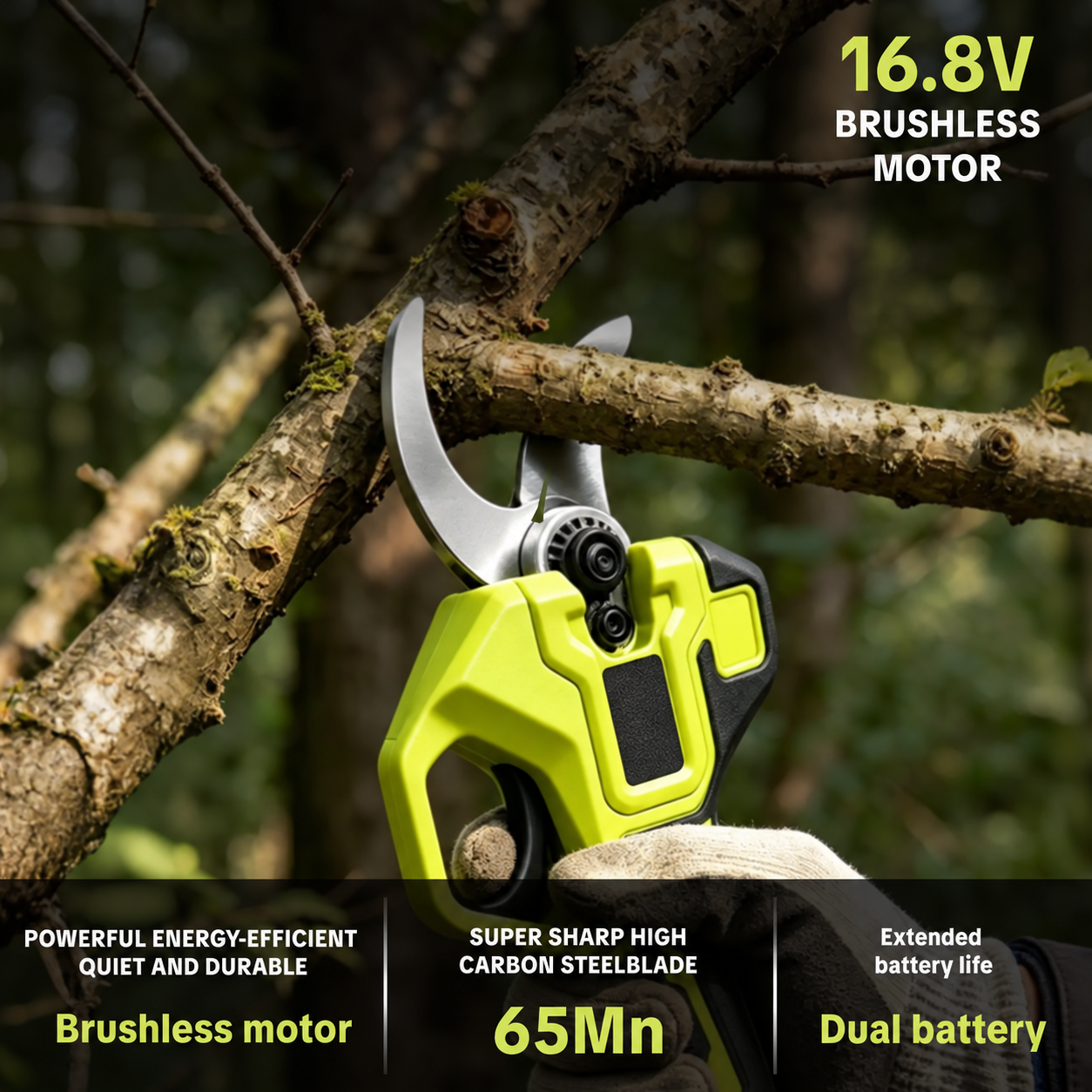 Cordless Electric Pruning Shears with Dual Batteries, 1.25-Inch Cutting Capacity trimming a garden branch