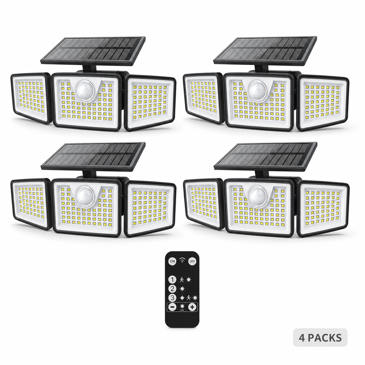 Solar Motion Sensor Security Light with 3 Adjustable Heads - 4 packs