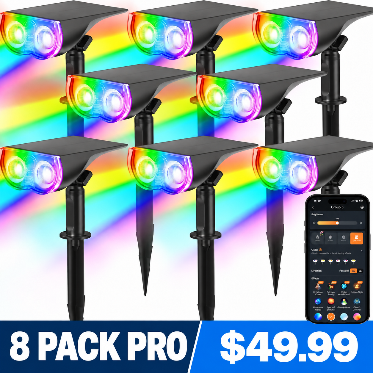 8 Pack Pro smart color-changing solar spotlights — $49.99