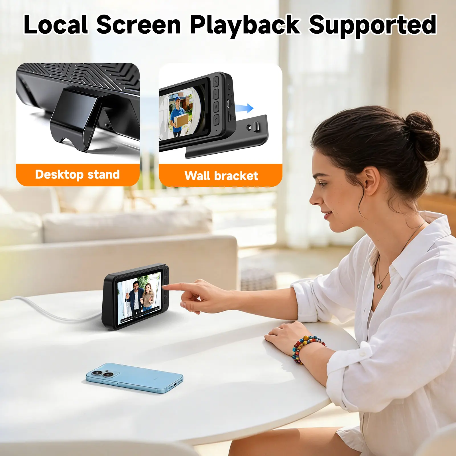 Local screen playback with desktop stand and wall bracket