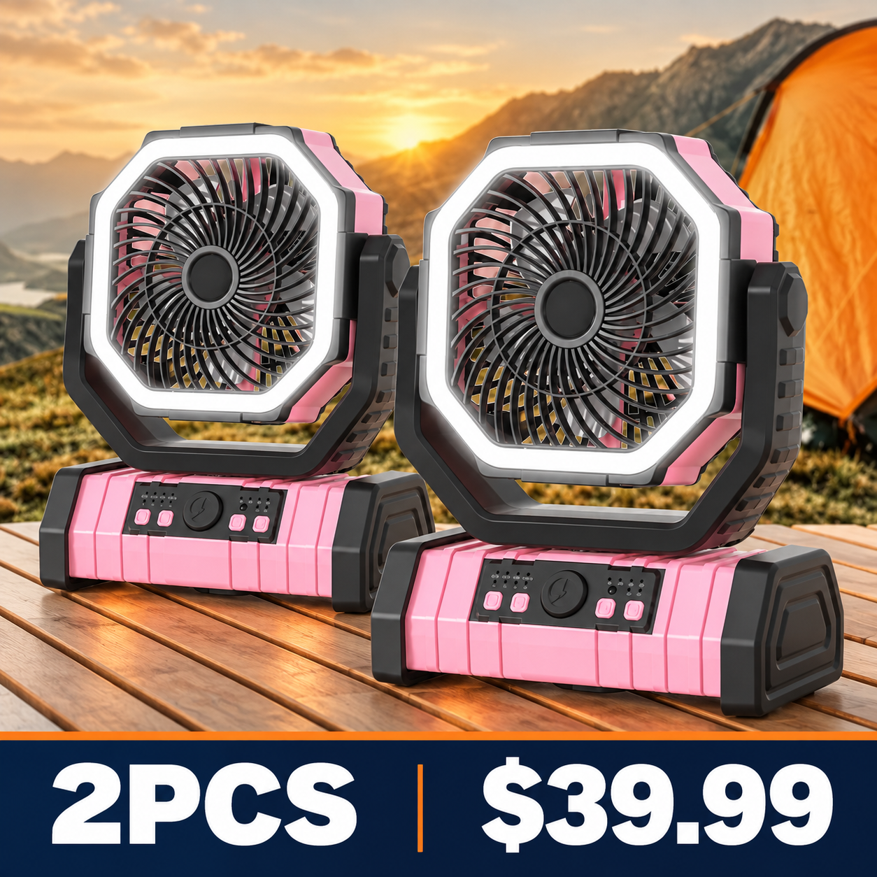 20000mAh Rechargeable Camping Fan with LED Light & Oscillation - Pink - 2PCS - $39.99