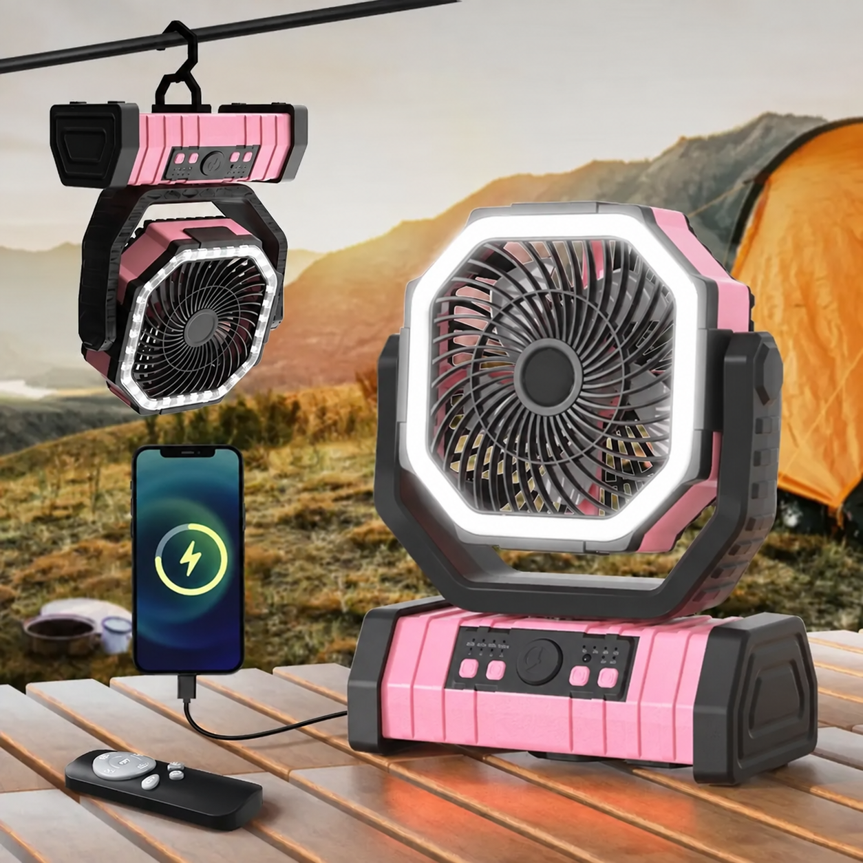 20000mAh Rechargeable Camping Fan with LED Light & Oscillation - Pink original product view - logo free