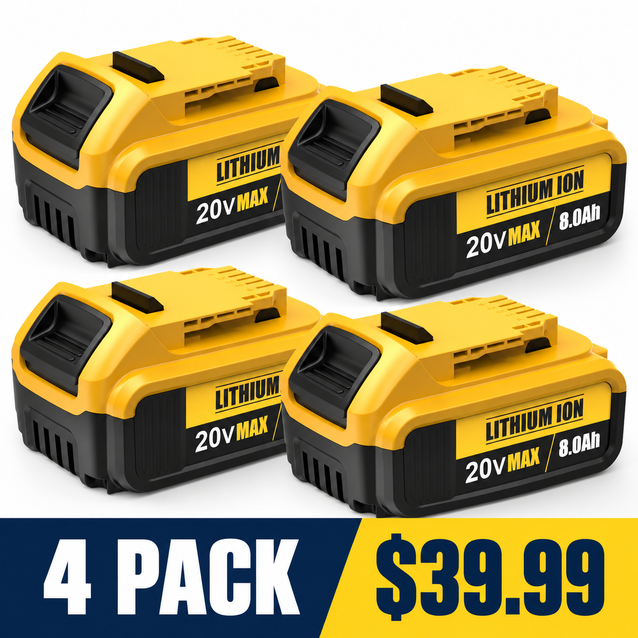 20V 8.0Ah Lithium-Ion Replacement Battery for Select DeWalt Tools - 4 Pack - $39.99