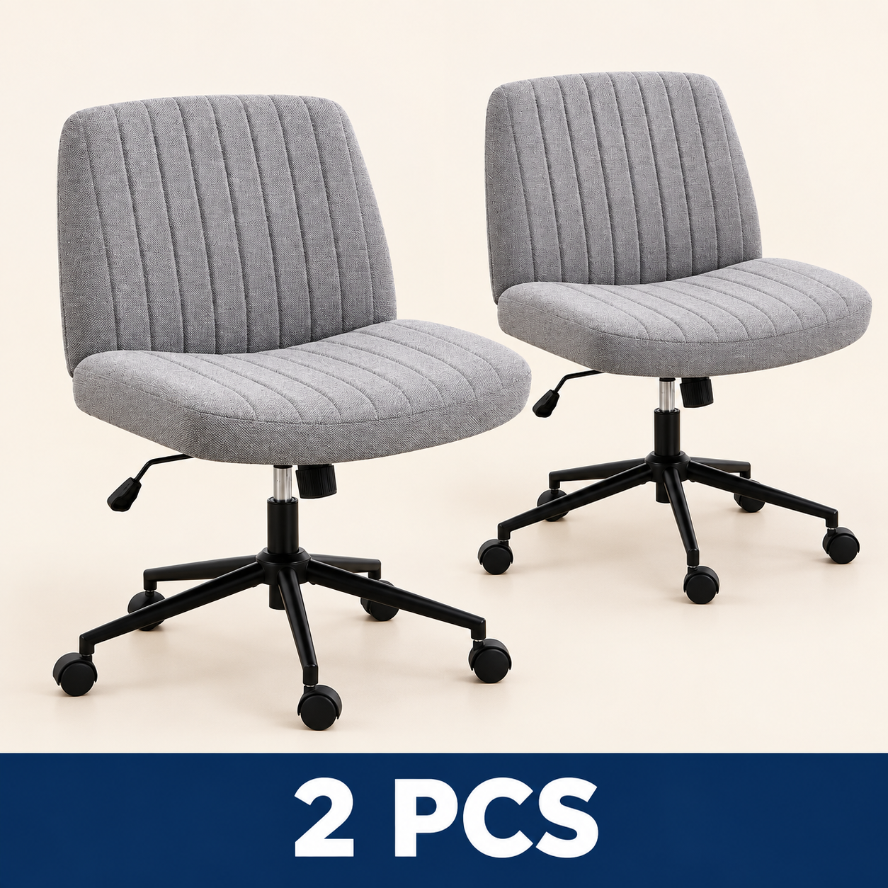 Wide Armless Cross-Legged Office Chair with Wheels - Grey - Fabric - 2 PCS