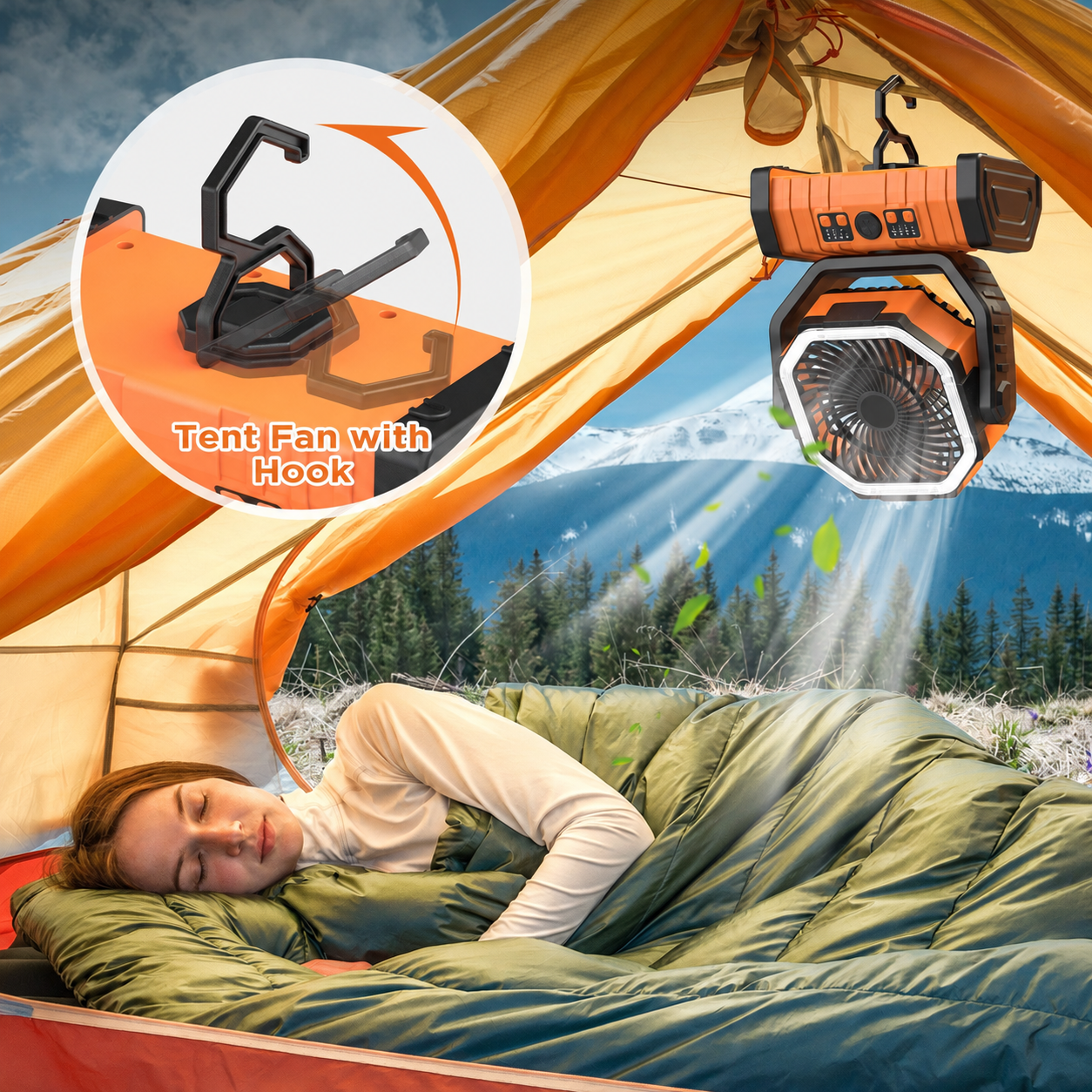 Camping fan with fold-out hanging hook - logo free