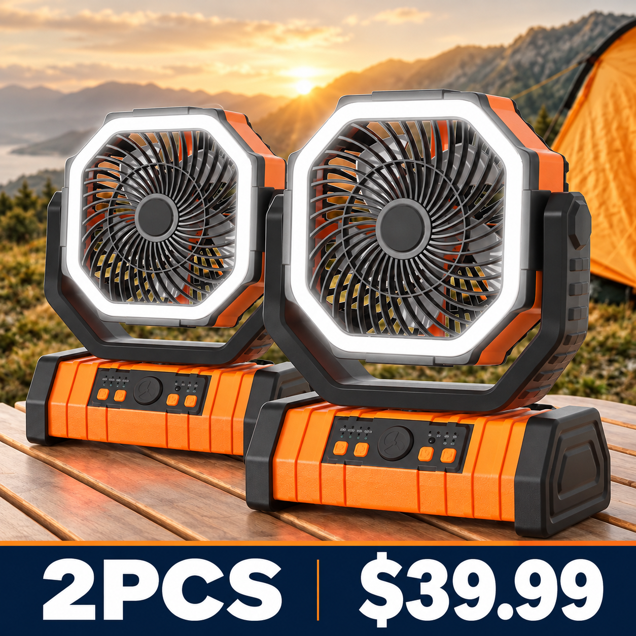 20000mAh Rechargeable Camping Fan with LED Light & Oscillation - Orange - 2PCS - $39.99